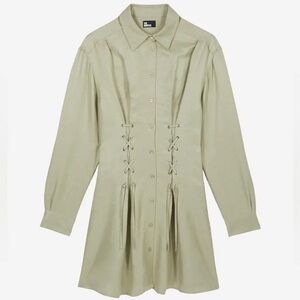 The Kooples Sage Green Long Sleeve Lace-Up Shirt Dress
